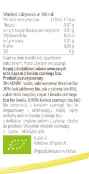Etykieta bio lemoniady z czarnym bzem i cytryną. Widoczne wartości odżywcze, składniki, certyfikat UE EKO. Wyprodukowano w Polsce.