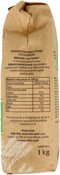 Tył brązowej torby ekologicznej mąki żytniej 720 Chlebowa, z widoczną tabelą wartości odżywczych i wagą 1 kg.