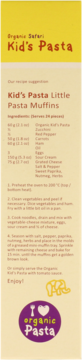 Information leaflet for Organic Safari Kid's Pasta, with recipe suggestion and brand logos, on light background.