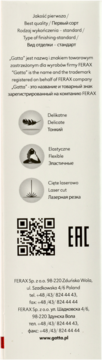 Białe opakowanie rajstop Gatta, widok z boku. Opis cech: jakość pierwsza, delikatne, elastyczne, cięte laserowo. Z kodem QR, EAC.