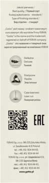 Pionowa etykieta Gatta z tekstem o delikatności, elastyczności, cięciu laserowym, QR kodem i danymi kontaktowymi Ferax.