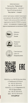 Informacyjna etykieta Gatta dla produktów Ferax, opisująca cechy: delikatne, elastyczne, laser cut, z danymi kontaktowymi.