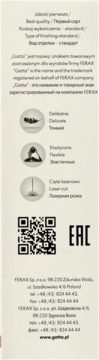 Biała etykieta produktu Gatta z atrybutami: delikatne, elastyczne, cięte laserowo, oraz ikonami, QR kodem i EAC mark.