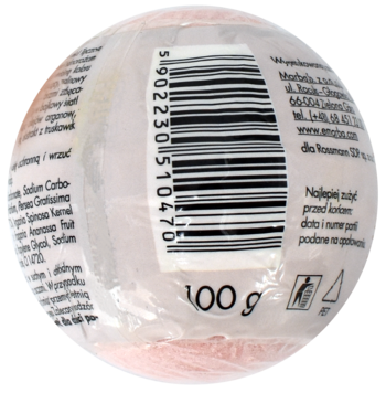 Tył różowej kuli do kąpieli Jednorożec 100g, z etykietą, widocznym kodem kreskowym i informacjami o składzie.