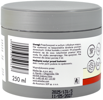 Tył szarego, okrągłego słoika peelingu cukrowego 250ml o zapachu plaży, z etykietą i kodem kreskowym.