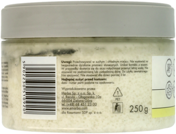 Tył przezroczystego słoika z cytrynowym peelingiem solnym 250 g, widoczna etykieta PL z kodem kreskowym.