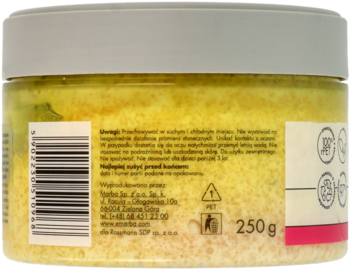 Tył przezroczystego słoika z żółtym solnym peelingiem do ciała róża-mandarynka, widoczna etykieta z wagą 250g.