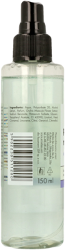 Tył butelki mgiełki do ciała i włosów o pojemności 150 ml, z widoczną etykietą, kodem kreskowym i atomizerem.