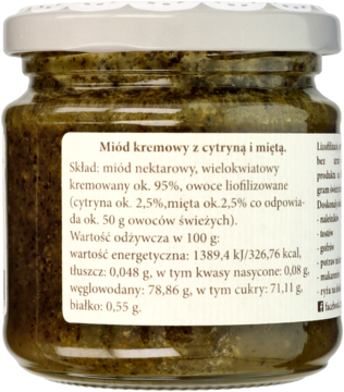 Słoik miodu kremowego z cytryną i miętą, widok z tyłu, z wyraźną etykietą ze składem i wartościami odżywczymi.
