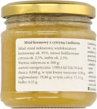 Słoik kremowego miodu z cytryną i imbirem, tylna etykieta z danymi produktu i wartościami odżywczymi.