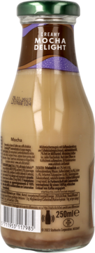 Tył butelki Starbucks Creamy Mocha Delight 250ml, brązowy napój, etykieta ze składem, datą i kodem.