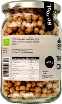 Organiczna ciecierzyca w szklanym słoiku, tył opakowania z etykietami, danymi odżywczymi i napisem „Be real.”