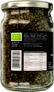 Tył szklanego słoika z organiczną soczewicą zieloną BIO 450g, z widoczną czarną etykietą i certyfikatem PL-EKO-03.