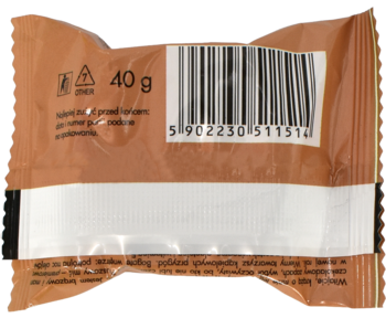 Tył brązowo-białego opakowania misia kąpielowego o zapachu czekolady, z widocznym kodem kreskowym i wagą 40g.