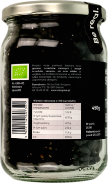Tył szklanego słoika BIO czarnej fasoli 450g z widoczną czarną etykietą i tabelą wartości odżywczych.