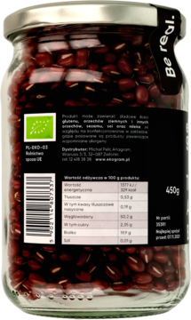 Szklany słoik BIO Fasoli Adzuki, widok z tyłu z czarną etykietą, widoczne dane odżywcze i logo ekologiczne.