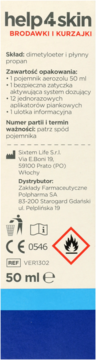 Tył opakowania help4skin na brodawki i kurzajki, 50 ml, beżowe tło z szarym tekstem i symbolami ostrzegawczymi.