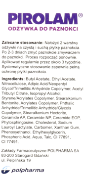 Białe opakowanie Pirolam odżywki do paznokci, widok z tyłu z pełnym opisem, składem i danymi producenta.