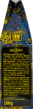 Tył opakowania Adalbert's Earl Grey czarnej herbaty Ceylon z pomarańczą, 100g, wzór niebiesko-złoty.