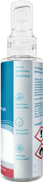 Przezroczysta butelka sprayu do dezynfekcji rąk, biało-niebieska etykieta z polskim tekstem i piktogramami zagrożeń.