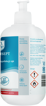 Tył białej butelki sprayu do dezynfekcji rąk MEDISEPT 100 ml z pompką, z widocznymi ikonami i opisem.