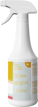 Medisept płyn do dezynfekcji, biała butelka z atomizerem, żółta etykieta z infografikami, widok z przodu.