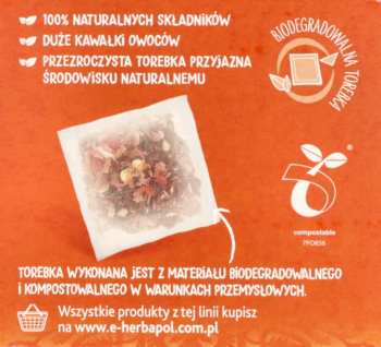 Tył opakowania herbaty Herbapol Imbir z pomarańczą, z widoczną przezroczystą, biodegradowalną torebką.
