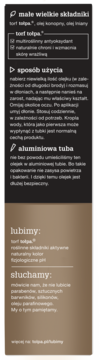Tył opakowania żelowego olejku do brody Tołpa w aluminiowej tubie. Czarne i brązowe tło z białym opisem użycia i składników.