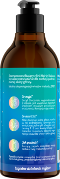 Tył brązowej butelki nawilżającego szamponu Hair in Balance, niebieska etykieta, opis, zapach mango.