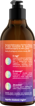 Tył brązowego szamponu Hair in Balance z pompką, etykieta pomarańczowo-fioletowa, opisuje działanie i zapach kiwi.