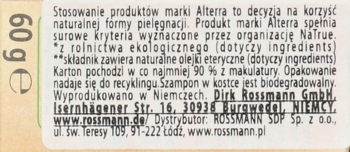 Tył opakowania Alterra Szampon w kostce (60g), z certyfikacją Natrue, informacją o recyklingu i składnikach.