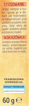 Tył kartonowego opakowania Alterra Szamponu w kostce 60g, z instrukcjami, wskazówką i informacją o recyklingu papieru.