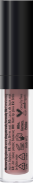 Matowy lip gloss Wibo Extra Lasting, różowo-brązowy, w przeźroczystej butelce z czarną nakrętką, widok z boku.
