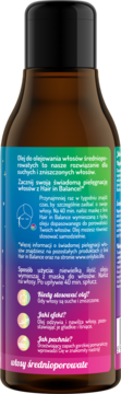 Tylna strona brązowej butelki oleju Hair in Balance do włosów średnioporowatych z kolorową etykietą i polskim tekstem.