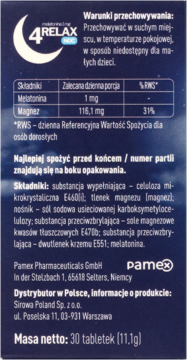 Tył ciemnoniebieskiego opakowania 4Relax NOC, z tabelą składników: melatonina i magnez, 30 tabletek.