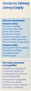 Niebiesko-biała etykieta kompresu żelowego zimno/ciepłego, zawierająca obszary zastosowań i przeciwwskazania.