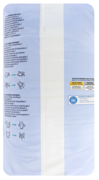 Bok opakowania Facelle Diskret wkładek higienicznych Super, z instrukcjami i logo, niebiesko-żółte.