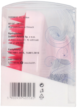 Tył opakowania szczotki do masażu skóry głowy Ewa Schmitt, przezroczyste pudełko z różową szczotką i tekstem PL.