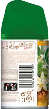 Tylny widok zielono-białego wkładu Air Wick Freshmatic Warm Vanilla, z instrukcjami, ostrzeżeniami i kodem kreskowym.
