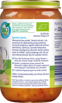 Tył słoiczka HiPP BIO Pasta Bambini Rigattoni Napoli dla dzieci od 11 miesięcy, z opisem Omega-3 i użycia.