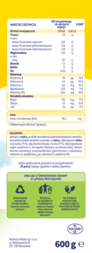 Tył opakowania Bebiko Junior 3 waniliowe: tabela wartości odżywczych, lista składników, recykling, 600g.