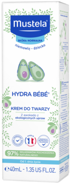 Mustela Hydra B&#233;b&#233; krem do twarzy z awokado dla niemowląt, białe pudełko z grafiką awokado, widok pod kątem.