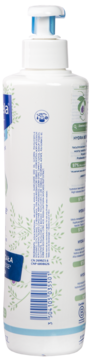 Mustela Hydra Bebe nawilżające mleczko do ciała dla dzieci, tył białej butelki z niebieską pompką i kodem kreskowym.