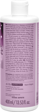 Tył fioletowej butelki Aura 2w1 szamponu i żelu, 400ml, z etykietą zawierającą opis produktu i skład.