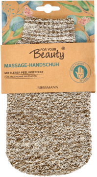 Beżowa rękawica peelingująca do masażu For your Beauty Rossmann, średni efekt peelingu, widok z przodu w opakowaniu.
