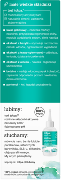 Tołpa, dermokosmetyk do włosów, szczegóły składu: torf, kwas glikolowy, bazylia. Butelka 100% vegan.