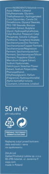 Tył opakowania Ziaja kremu nawilżająco-regenerującego po opalaniu, niebieska butelka 50 ml ze składem.