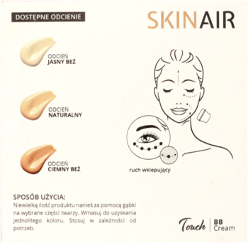 Ulotka SKIN AIR Touch BB Cream: prezentuje dostępne odcienie beżu i schemat nakładania na twarz.