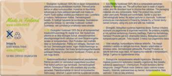 Beżowy tył opakowania ekologicznych wkładek Vuokkoset BIO z licznymi opisami produktu i zielonym napisem Made in Finland.