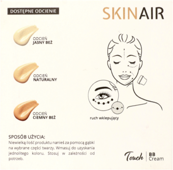 Skinair Touch BB Cream: białe opakowanie z trzema odcieniami (jasny, naturalny, ciemny beż) i instrukcją aplikacji.
